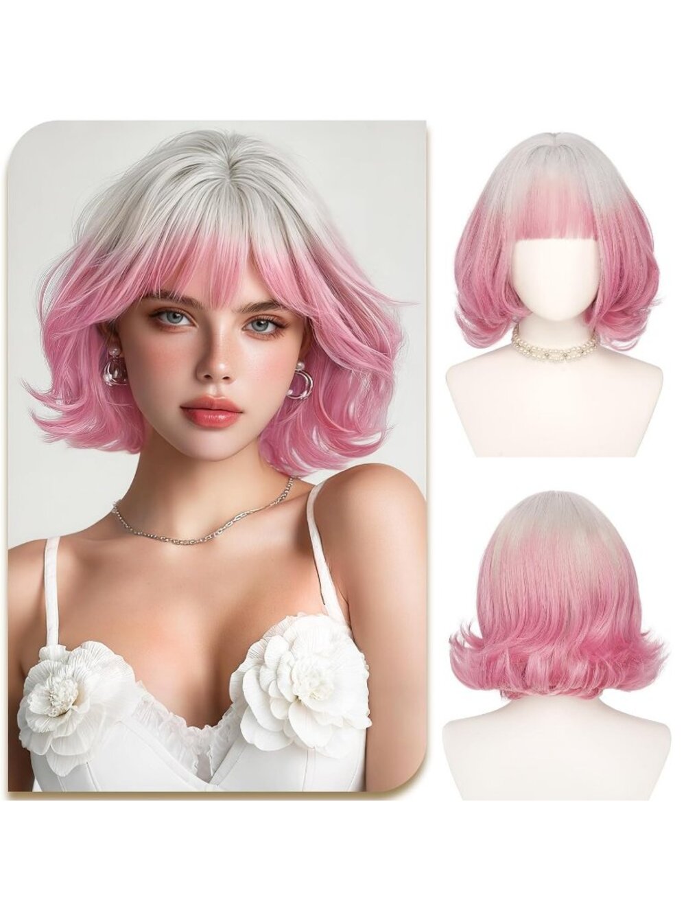 12 Inch Women's Silver to Pink Purple Ombre Synthetic Wig Natural Looking Bangs